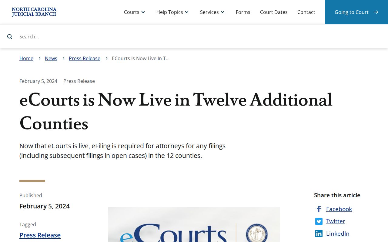 Hyde County court docket eCourts launch announcement